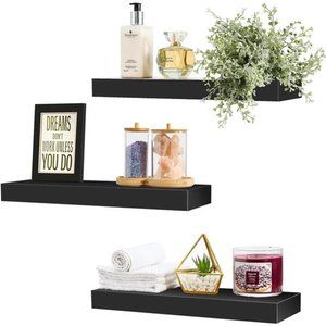 Floating Shelves for Wall - Set of 3 Black Wood Wall Shelves for Living Room